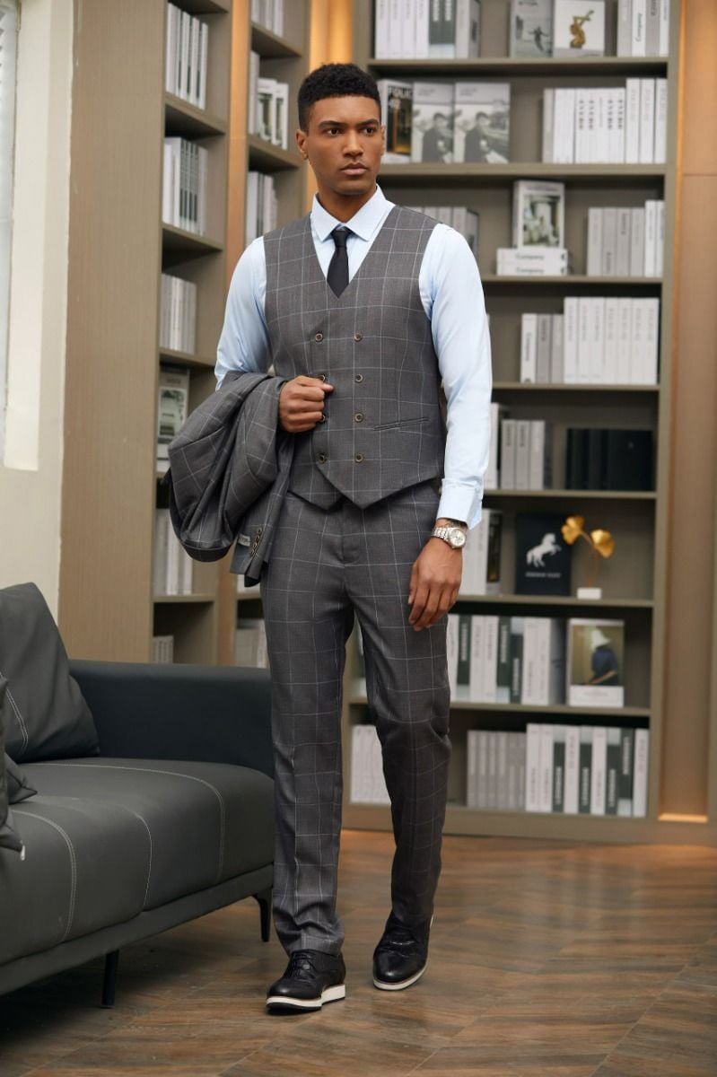Plaid  Stacy Adams Men's 3-Piece Hybrid Windowpane Plaid Suit Classic Cut - 38 Short Jacket+32 Waist Adjustable 28to34)(Height: 5 4 to5 7 )(Neck  15-16.5)S-M)