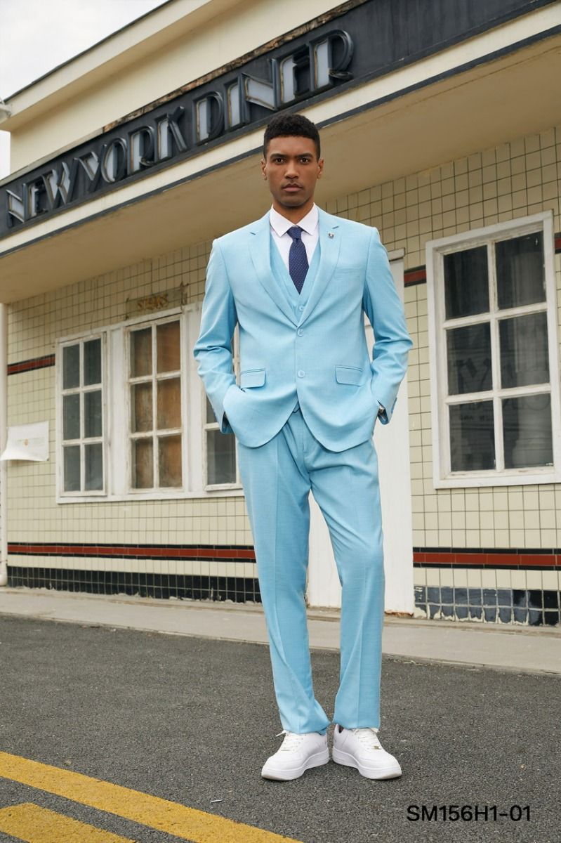 Stacy Adams Men's Hybrid Suit - Solid Texture, 3 Piece blue - 38 Short Jacket+32 Waist Adjustable 28to34)(Height: 5 4 to5 7 )(Neck  15-16.5)S-M)