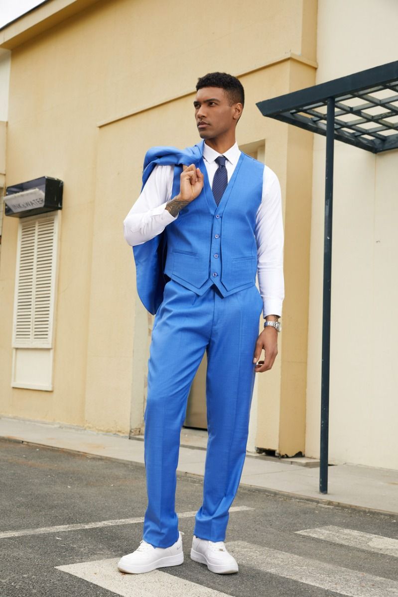 Stacy Adams Men's Hybrid Suit - Solid Texture, 3 Piece blue - 38 Short Jacket+32 Waist Adjustable 28to34)(Height: 5 4 to5 7 )(Neck  15-16.5)S-M)