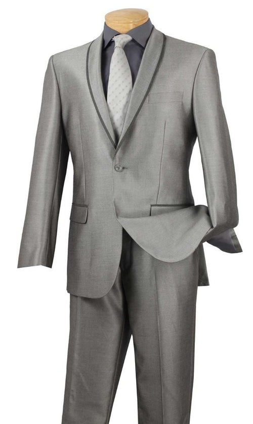 Vinci Men's Slim Fit Sharkskin Suit with Trimmed Shawl Lapel