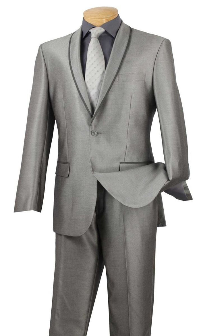 Vinci Men's Slim Fit Sharkskin Suit with Trimmed Shawl Lapel