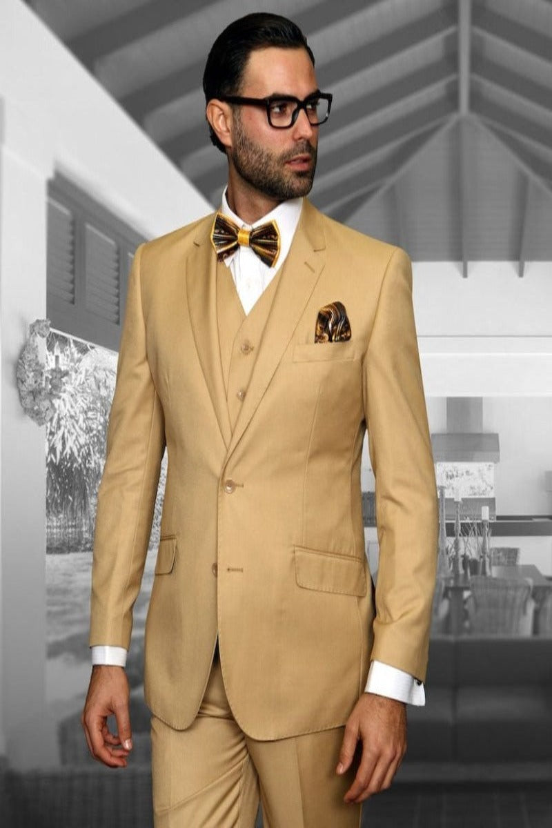 Menswear High Fashion 100% Wool 3 Piece Suit by Statement - 38 Short Jacket+32 Waist Adjustable 28to34)(Height: 5 4 to5 7 )(Neck  15-16.5)S-M)