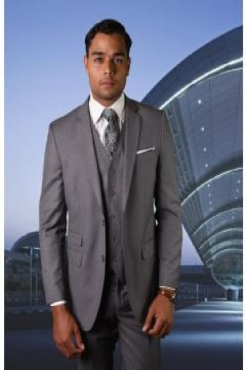 Tailored Fit Men's 3 Piece 100% Wool Suit  Statement Collection - 38 Short Jacket+32 Waist Adjustable 28to34)(Height: 5 4 to5 7 )(Neck  15-16.5)S-M)