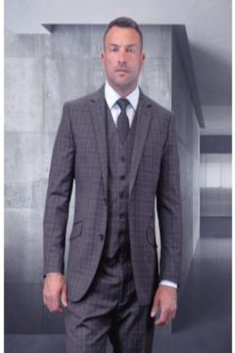 Men's Big & Tall 3pc Suit | Plaid | Windowpane Texture Business Pattern Modern Fit Side Vented - 38 Short Jacket+32 Waist Adjustable 28to34)(Height: 5 4 to5 7 )(Neck  15-16.5)S-M)