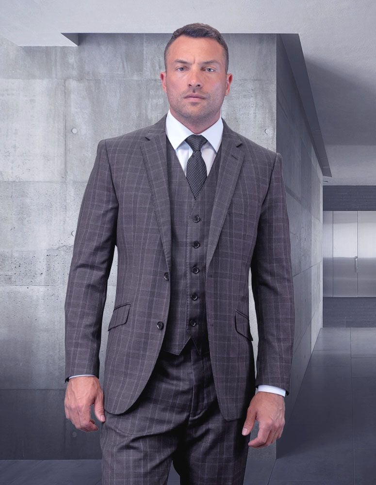 Men's Big & Tall 3pc Suit | Plaid | Windowpane Texture Business Pattern Modern Fit Side Vented - 38 Short Jacket+32 Waist Adjustable 28to34)(Height: 5 4 to5 7 )(Neck  15-16.5)S-M)