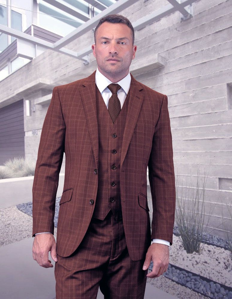 Sleek Plaid Statement Men's 100% Wool 3 Piece Suit Perfect for Formal Occasions