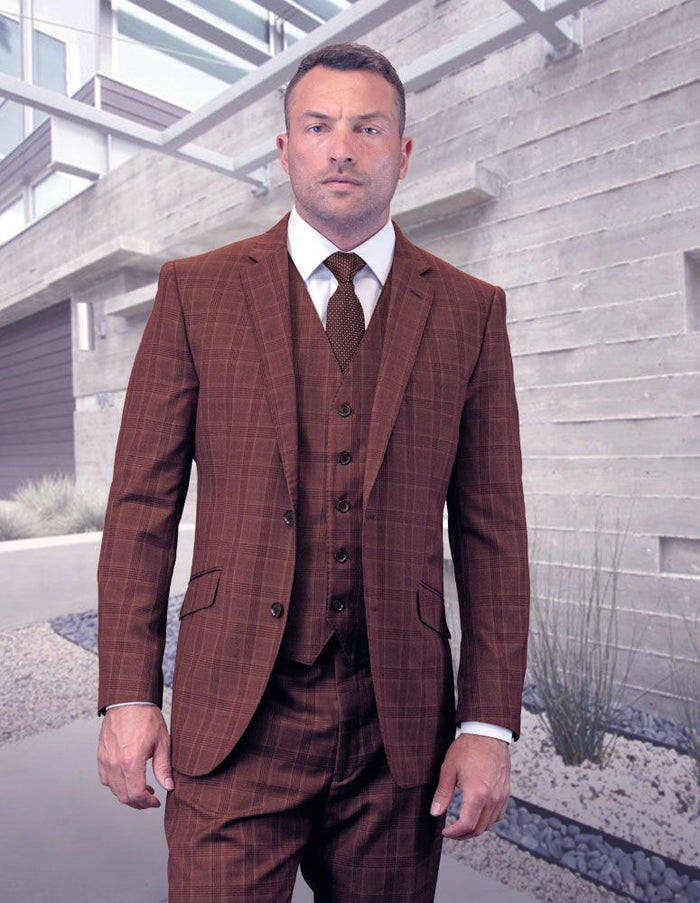 Sleek Plaid Windowpane Texture Business Pattern Modern Fit Side Vented Men's 100% Wool 3 Piece Suit Perfect for Formal Occasions