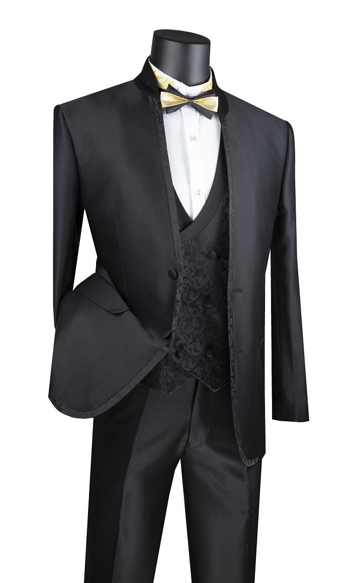 Vinci Men's Sharkskin Slim Fit 3 Piece Suit with Paisley Vest  Award Winning Tailoring - 38 Short Jacket+32 Waist Adjustable 28to34)(Height: 5 4 to5 7 )(Neck  15-16.5)S-M)