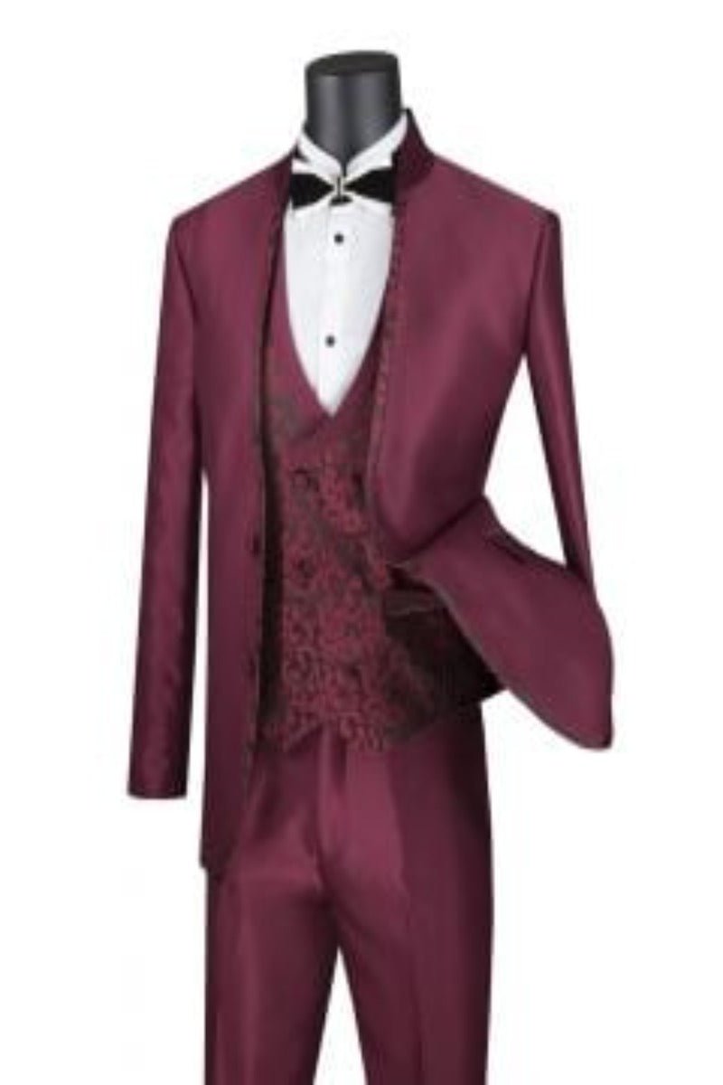 Vinci Men's Sharkskin Slim Fit 3 Piece Suit with Paisley Vest  Award Winning Tailoring