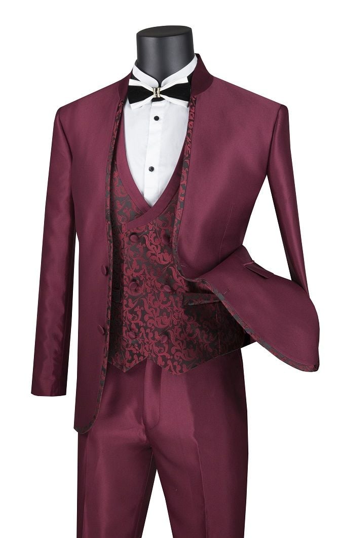 Vinci Men's Sharkskin Slim Fit 3 Piece Suit with Paisley Vest  Award Winning Tailoring - 38 Short Jacket+32 Waist Adjustable 28to34)(Height: 5 4 to5 7 )(Neck  15-16.5)S-M)
