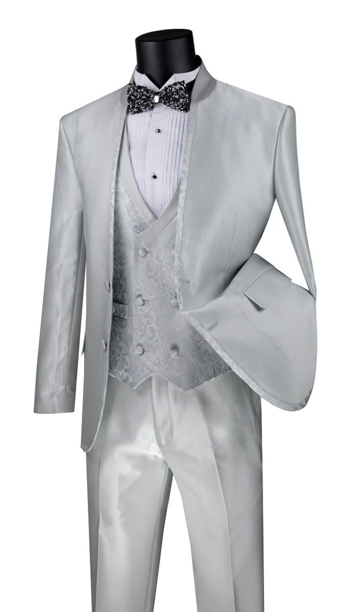 Vinci Men's Sharkskin Slim Fit 3 Piece Suit with Paisley Vest  Award Winning Tailoring - 38 Short Jacket+32 Waist Adjustable 28to34)(Height: 5 4 to5 7 )(Neck  15-16.5)S-M)