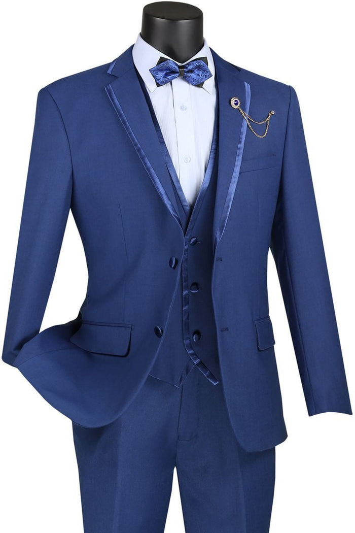 Vinci Men's Wool Feel Slim Fit 3 Piece Suit with Lapel Accent
