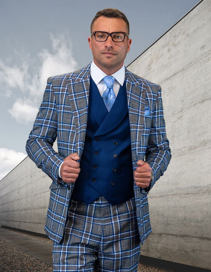 Men's 3 Piece Wool Suit Triple Tone Plaid 100% Wool Shop Statement